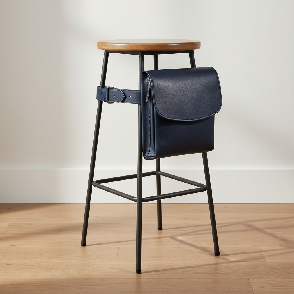 A dark navy genuine leather garson bel çantası buckled around the backrest of a simple, modern bar stool in a minimalist interior. The leather belt is tensioned naturally, showing how the bag sits securely and flat against a surface. Neutral off-white walls and a light oak floor create a calm, uncluttered background. Diffused daylight enters from an unseen window, producing soft, even illumination with gentle shadows beneath the stool. Captured from a slightly low, three-quarter angle with balanced framing, the image feels contemporary, professional, and practical, highlighting the bag’s lightweight, ergonomic shape and everyday usability in realistic photographic style.