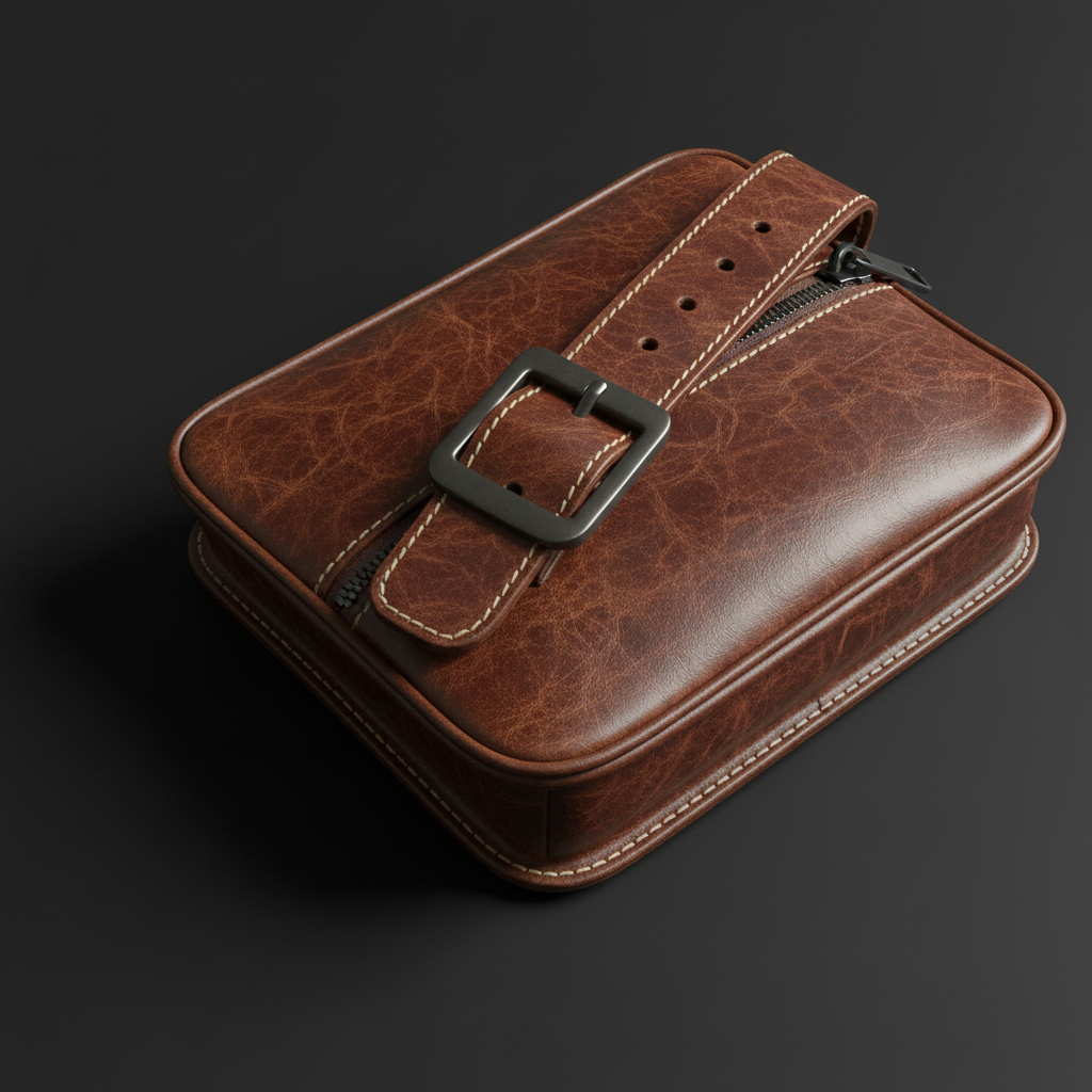 A close-up, detail-focused shot of a chocolate-brown genuine leather garson bel çantası laid flat on a matte black background. The camera captures the fine grain of the leather, precise straight stitching, reinforced corners, and a robust metal buckle with a brushed finish. Directional side lighting from the right creates dramatic contrast, bringing out every texture and edge while casting a soft shadow to the left. The composition is tight and minimal, with the main zipper and buckle running diagonally across the frame for a dynamic yet professional look. The photographic realism and high contrast lighting communicate quality craftsmanship, durability, and refined design.