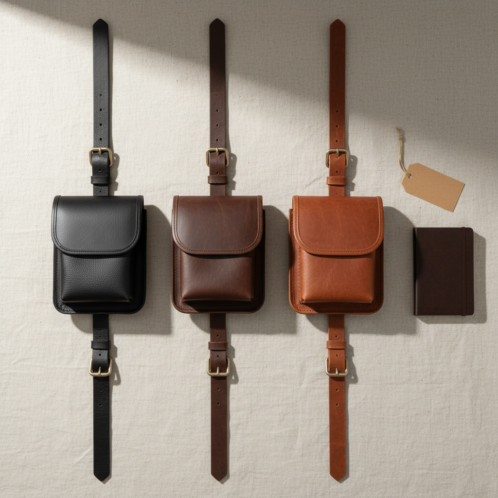 A top-down, flat-lay composition of three genuine leather garson bel çantaları in black, dark brown, and cognac, arranged neatly in a row on a light beige linen surface. Each bag is fully visible, with belts extended and buckles aligned, showcasing size, color options, and multiple compartments. Soft natural window light from the top edge of the frame creates delicate highlights on the smooth leather and subtle shadows along the belts, adding depth without harsh contrast. A small blank kraft tag and a closed leather notebook sit nearby as understated props. The mood is orderly and professional, with photographic realism and a clean, catalog-style presentation perfect for a product selection page.