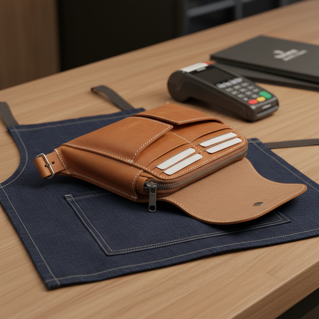 A tan genuine leather garson bel çantası resting on a neatly folded dark denim apron atop a wooden countertop, evoking a restaurant or cafe environment. The belt bag’s compartments are slightly open to reveal an organized interior, with card slots and a zippered pocket visible, showcasing its functional design. Warm overhead lighting and subtle reflections highlight the soft, supple leather and solid stitching. The background includes softly blurred elements like a payment terminal and stacked menus, without any people. Shot at eye level with a shallow depth of field and rule-of-thirds composition, the mood is professional yet inviting, emphasizing practicality and reliability in a realistic photographic style.