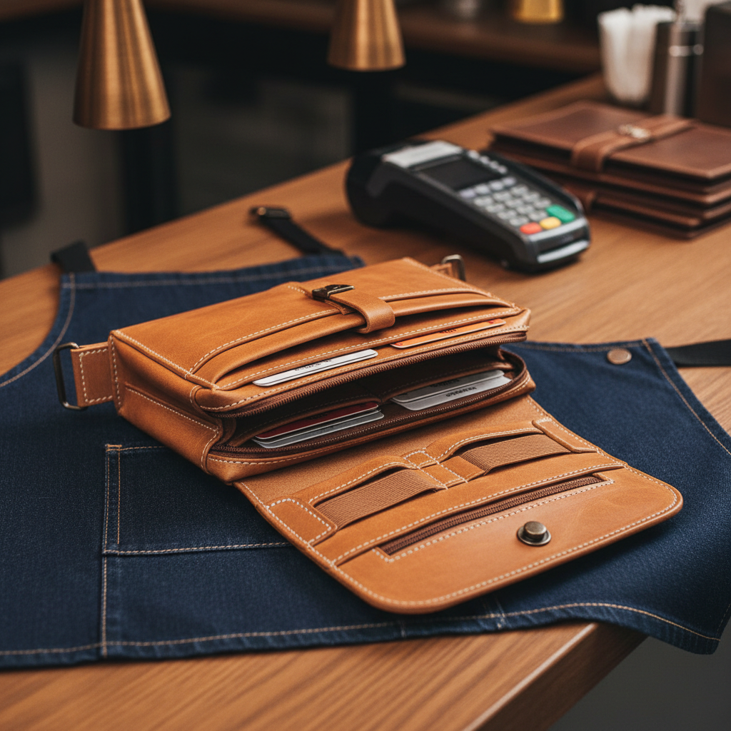 A tan genuine leather garson bel çantası resting on a neatly folded dark denim apron atop a wooden countertop, evoking a restaurant or cafe environment. The belt bag’s compartments are slightly open to reveal an organized interior, with card slots and a zippered pocket visible, showcasing its functional design. Warm overhead lighting and subtle reflections highlight the soft, supple leather and solid stitching. The background includes softly blurred elements like a payment terminal and stacked menus, without any people. Shot at eye level with a shallow depth of field and rule-of-thirds composition, the mood is professional yet inviting, emphasizing practicality and reliability in a realistic photographic style.