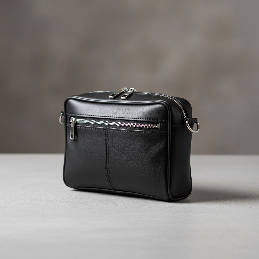 A premium black genuine leather garson bel çantası displayed on a smooth, light grey concrete surface. The bag’s texture is clearly visible, with fine grain, sturdy stitching, and polished silver zippers and metal loops catching the light. Soft studio lighting from the upper left creates subtle highlights along the curved edges and a gentle shadow on the right, emphasizing its slim, lightweight form. The background is softly blurred, in neutral tones, to keep full focus on the bag. Photographed at a slightly elevated, three-quarter angle in sharp focus, the composition is clean and centered, conveying a professional, minimalist, photographic realism ideal for a business product hero image.